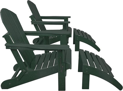 WestinTrends Malibu Outdoor Lounge Chairs Set, 5-Pieces Adirondack Chair Set of 2 with Ottoman and Side Table, All Weather Poly Lumber Patio Lawn Folding Chair for Outside, Dark Green