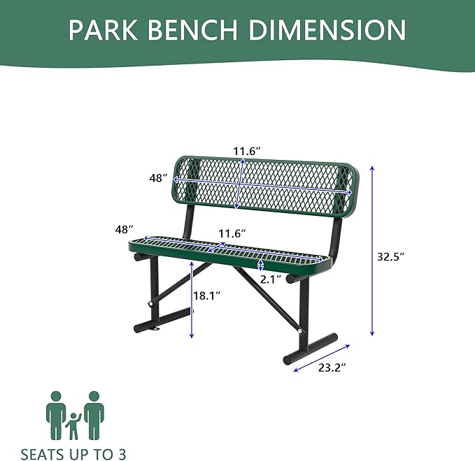 4 Ft Metal Park Bench for Outside, All-Weather Thermoplastic Coating Outdoor Bench with Backrest, Commercial Heavy Duty Benches for Shopping Malls, Stores, Parks, Patios, Decks, Blue