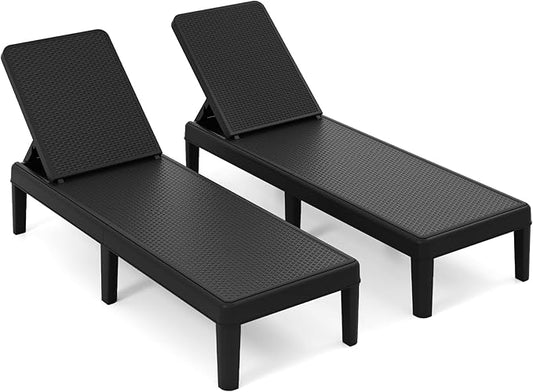 Tangkula Outdoor Chaise Lounger Chair Set of 2, 4-Position Reclining Chair with Waterproof Rattan Textured PP Surface, 330 lbs Capacity & Easy Assembly for Pool Garden Deck Beach (Black)
