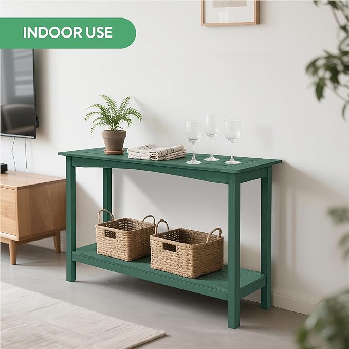 Weatherproof HIPS Outdoor Console Table, 48'' 2-Shelf Side Table Indoor/Outdoor Use, Multifunctional Buffet Table Bar Storage Organizer for Entryway, Patio, Outside Plant Stand Table, Green
