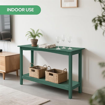Weatherproof HIPS Outdoor Console Table, 48'' 2-Shelf Side Table Indoor/Outdoor Use, Multifunctional Buffet Table Bar Storage Organizer for Entryway, Patio, Outside Plant Stand Table, Green