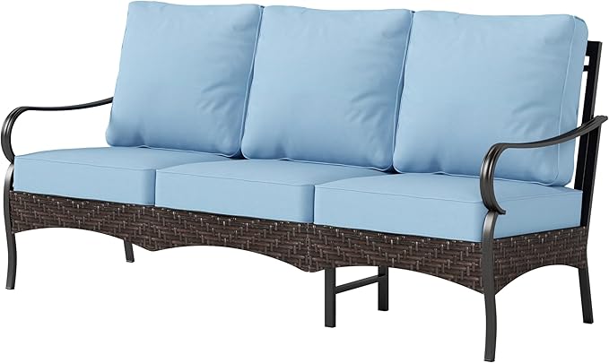 PHI VILLA Wicker & Metal Outdoor Patio Couch, 3-Seat Patio Sofa with Deep Seating for Front Porch, Deck, Balcony - Photo 8