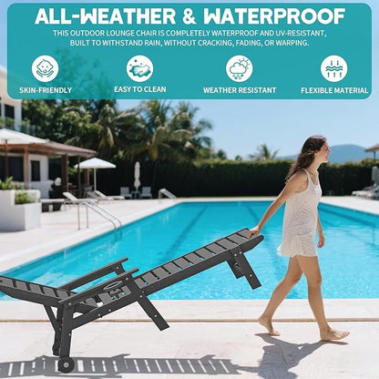 Plawdlik Oversized Patio Chaise Lounge Set of 2, 5 Positions Adjustable HDPE Outdoor Lounge Chair with Rolling Wheels & Cup Holder,All-Weather for Poolside, Beach, Garden - Gray