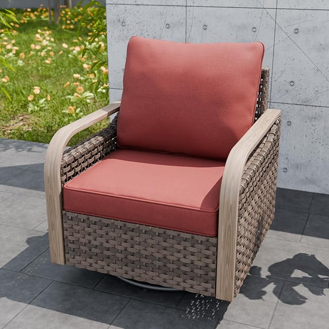 Modern Wicker Outdoor Swivel Rocking Chair, Rattan Glider Rocker Chair Patio Armchair for Backyard, Deck, Porch, Garden, 1 Piece, Brown/Red