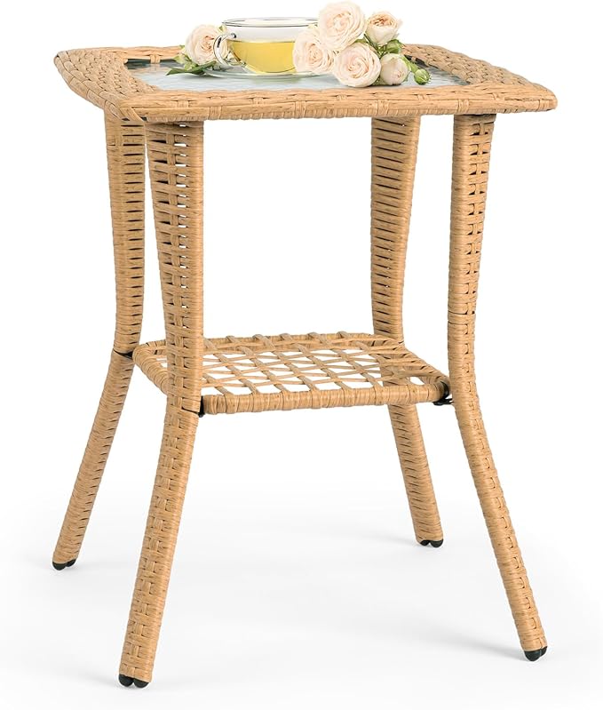 VINGLI Outdoor Side Table with Storage Wicker Patio Side Table - Photo 4