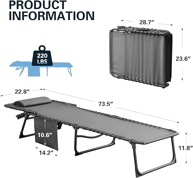 Greesum Chaise Lounge Folding Tanning Chair with 5 Position Adjustable Back, Detachable Pillow & Pocket Outside Pool, Beach, Sunbathing, Gray