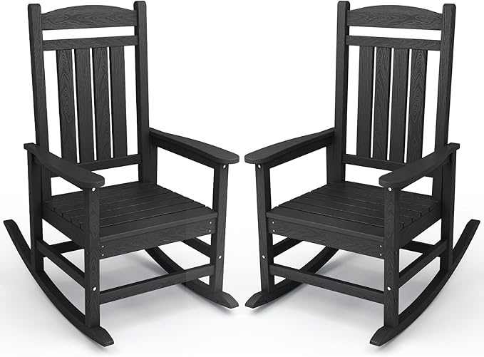 KINGYES Outdoor Rocking Chair Set of 2, HDPE Patio Rocking Chairs with 330lbs Support for Adults, Black