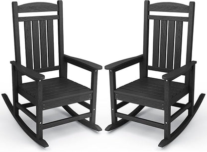 KINGYES Outdoor Rocking Chair Set of 2, HDPE Patio Rocking Chairs with 330lbs Support for Adults, Black