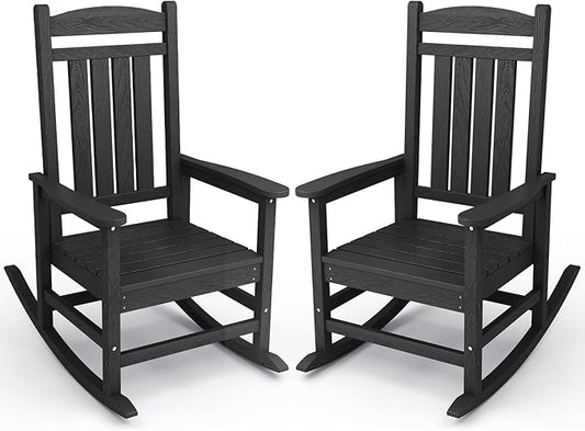 KINGYES Outdoor Rocking Chair Set of 2, HDPE Patio Rocking Chairs with 330lbs Support for Adults, Black