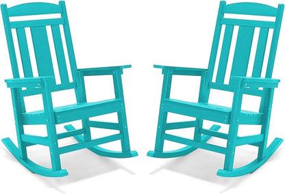 LUE BONA Outdoor Rocking Chairs Set of 4, HDPS Porch Rocker with High Back, Plastic Weather Resistant Rocking Chairs for Outdoor Indoor, Garden, Backyard, 350lb, Aruba Blue