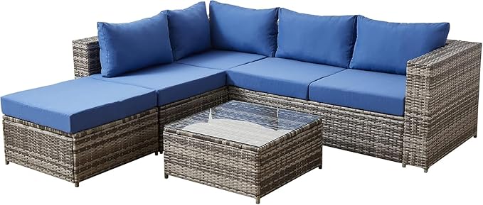 Outdoor Sectional Sofa Set Patio Furniture Sets All Weather PE Rattan Sectional Seating Group with Cushions and Table (Blue)