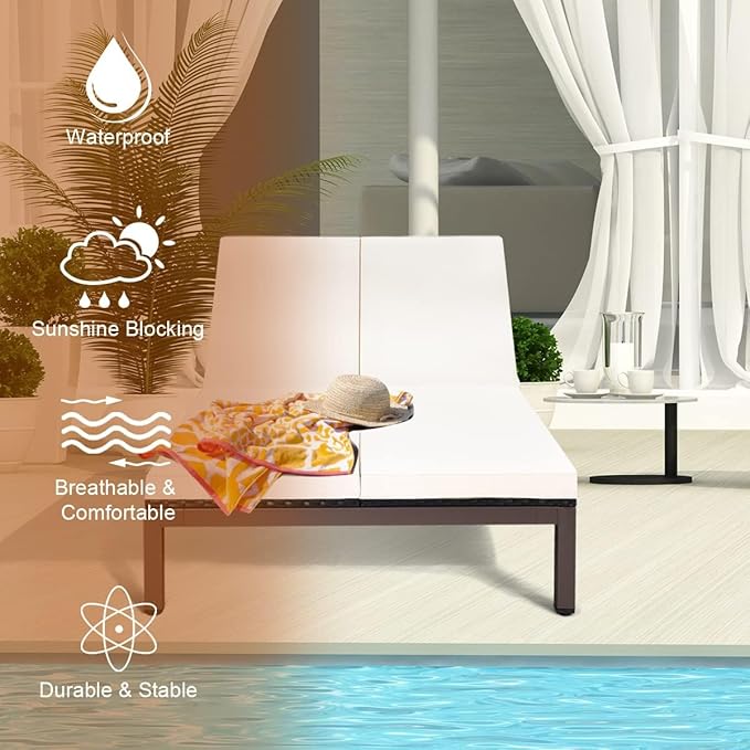 HAPPYGRILL 2-Person Patio Lounge with Wheels, Rattan Wicker Chaise Lounge Chair with Adjustable Backrest, Outdoor Sofa Daybed with Cushion for Garden Lawn Backyard