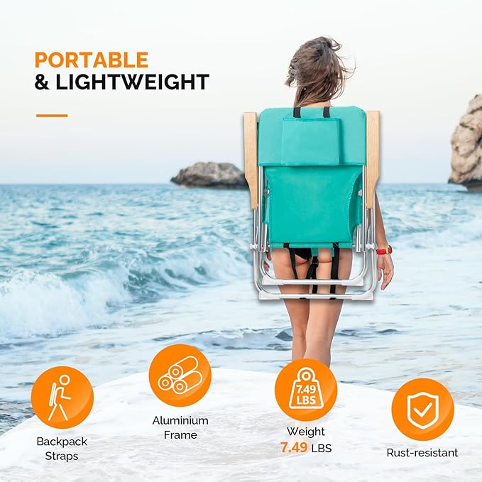 VINGLI 17" Tall Beach Chairs for Adults, Aluminum 4-Position Backpack Beach Chair with Wooden Armrests - Photo 4