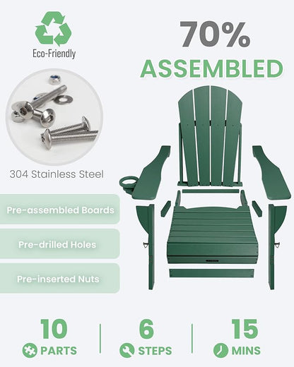 Ciokea Folding Adirondack Chair 4 Pack, Patio Adirondack Chair Weather Resistant, Plastic Fire Pit Chair with Cup Holder, Lawn Chair for Outdoor Porch Garden Backyard Deck (Green)