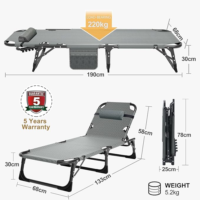 MOPHOTO Folding Lounge Chair 5-Position, Folding Cot, Portable Outdoor Chaise Lounge Chair for Sun Tanning - Photo 6