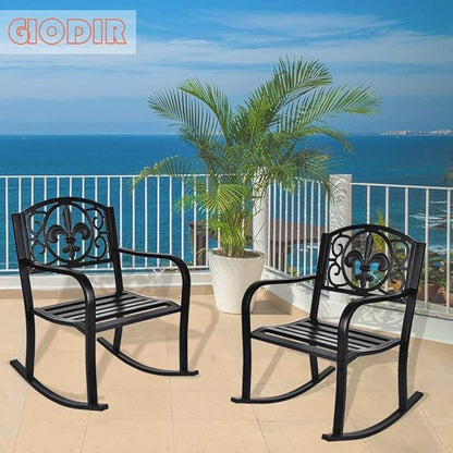 Outdoor Patio Rocking Chair, Metal Rocking seat for for Deck, Backyard or Garden w/Scroll Design (Black)