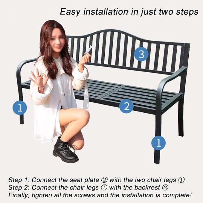 Weatherproof Outdoor Bench, Patio Metal Garden Bench with Built in Table for Yard Lawn Decor Deck(White)