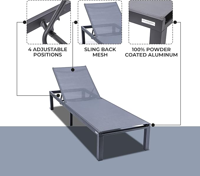 LeisureMod Marlin Aluminum Outdoor Chaise Lounge Chair - Mesh Sling Fabric Seat Black Aluminum Frame Beach, Pool Lounge Chair for Modern Patio Lawn, Garden and Backyard (Dark Grey)