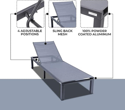 LeisureMod Marlin Aluminum Outdoor Chaise Lounge Chair - Mesh Sling Fabric Seat Black Aluminum Frame Beach, Pool Lounge Chair for Modern Patio Lawn, Garden and Backyard (Dark Grey)