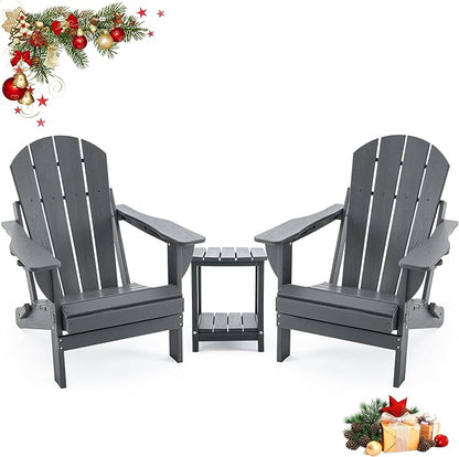 Folding Outdoor Adirondack Chairs Set of 2 with HDPE Side Tables-Plastic Weather Resistant Patio Chairs with Small Outdoor Side Tables 2 Storage for Patio,Fire Pit, Garden and Backyard