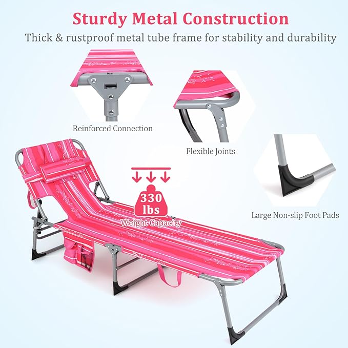 Goplus Tanning Chair, Folding Adjustable Patio Lounge Chair with Face Hole, Removable Pillow, 330LBS, Carry Strap, Outdoor Sunbathing Chair, Lightweight Portable Beach Lounge Chair, No Assembly