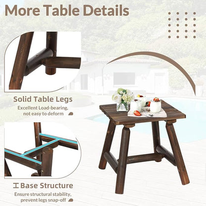 5-Piece Outdoor Wood Log Rocking Conversation Set, Patio Adirondack Furniture Chair Set Including 2-Seater Garden Bench & Built-in Table, 2 Coffee Table, 2 Log Rocker Chair, Carbonized