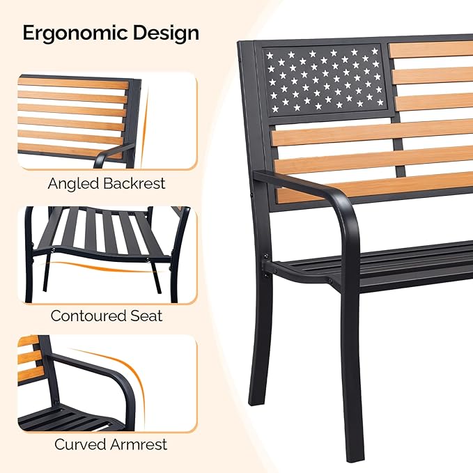 VINGLI Outdoor Metal Bench, 50in Weatherproof Garden Bench w/American Flag Style, 2-Person Sturdy Steel Patio Bench for Front Porch Yard Park