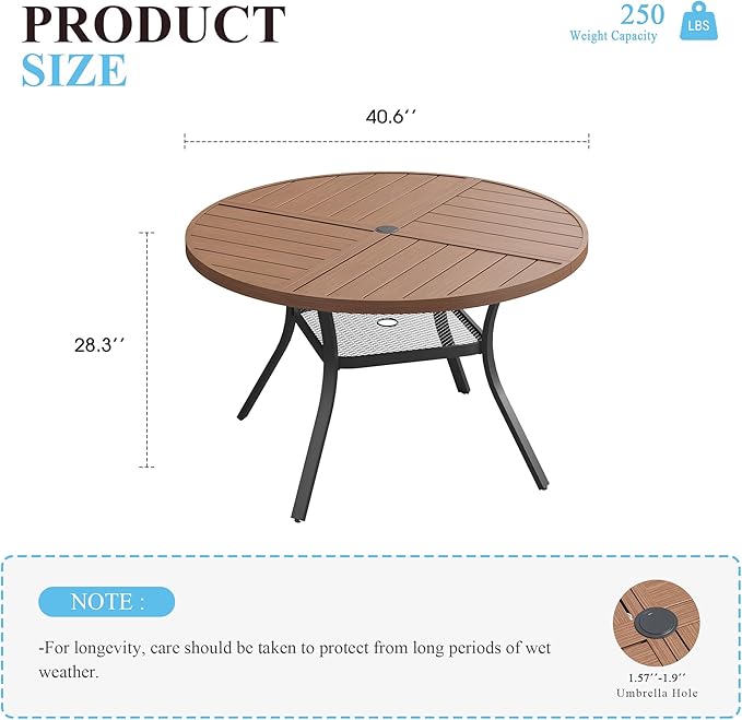 VICLLAX 40.6" Round Patio Table with Umbrella Hole, All Weather Metal Outdoor Dining Table for 4, Outside Table with Storage Shelf for Lawn Garden, Walnut Wood-Grain Finish