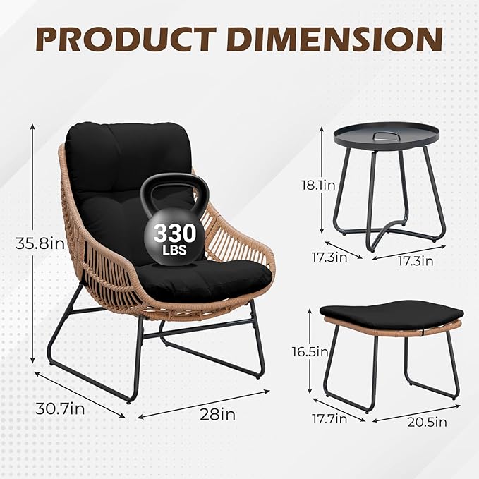 PROHIKER Outdoor Chaise Lounge Chair Set, Indoor Wicker Papasan Egg Chair with Thick Cushion, Ottoman and Table, Oversized Rattan Reading Lounge Recliner for Living Room Patio Yard, Black