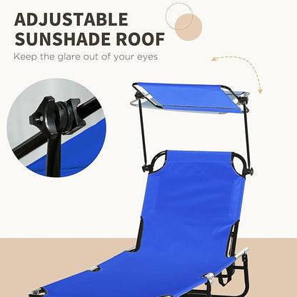 Outsunny Folding Chaise Lounge Pool Lounge Chairs Set of 2, Outdoor Sun Tanning Chairs with Canopy Shade, Reclining Back, Steel Frame and Side Pocket for Beach, Yard, Patio, Blue