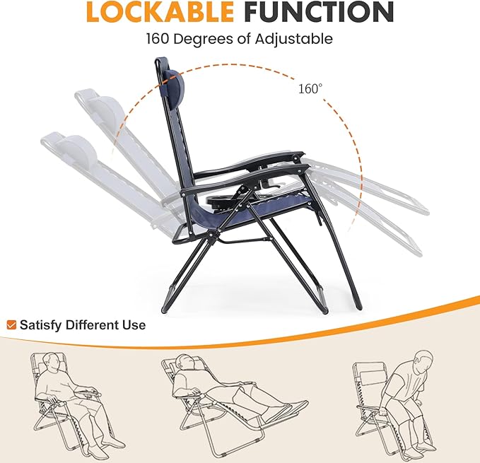 NEWBULIG Zero Gravity Chair Set of 2, Lounge Chair Folding Portable Adjustable Camping Reclining Chairs with Adjustable Pollow, Mesh Back, Cup Holder Trays Lawn Patio Chair for Pool Beach