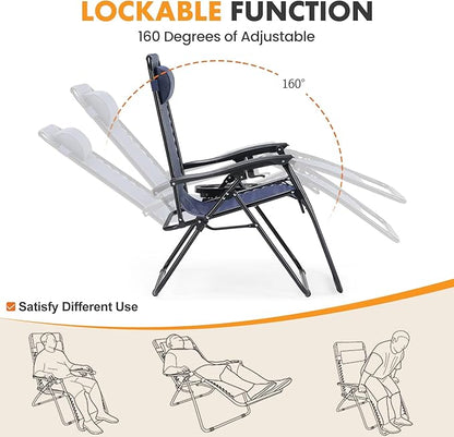 NEWBULIG Zero Gravity Chair Set of 2, Lounge Chair Folding Portable Adjustable Camping Reclining Chairs with Adjustable Pollow, Mesh Back, Cup Holder Trays Lawn Patio Chair for Pool Beach