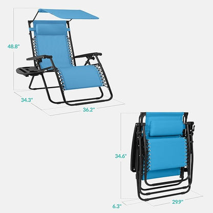 Best Choice Products 30” Wide Folding Zero Gravity Outdoor Recliner Patio Lounge Chair w/Adjustable Canopy Shade, Headrest, Side Accessory Tray - Light Blue