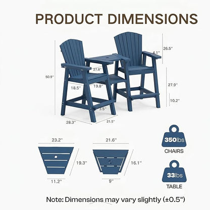 Kingdura Tall Adirondack Chairs Set of 2 with Removable Connecting Tray & 2" Umbrella Hole, Weather-Resistant HDPE Bar Height Outdoor Chairs, Wood-Look Balcony Bar Stools for Patio, Deck (Navy Blue)