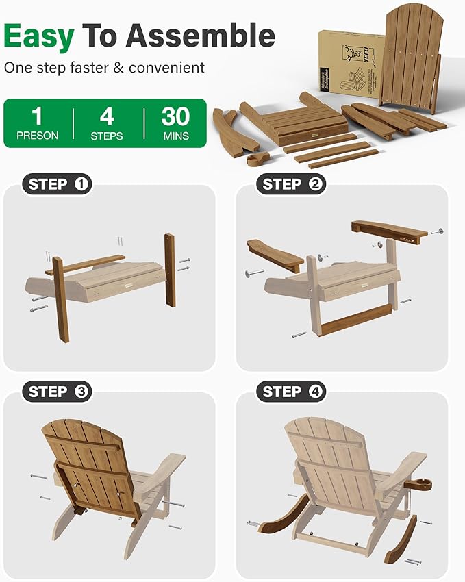 YEFU Rocking Chairs Outdoor Set of 4, Adirondack Chairs with Retractable Ottoman, Adjustable Adirondack Rocking Chair - Photo 8