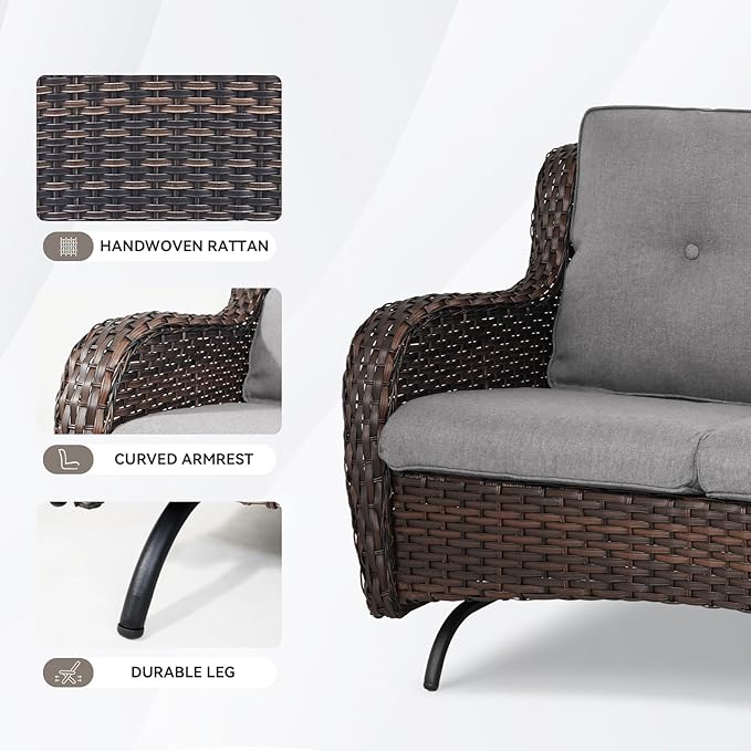 Patio Loveseat Wicker Loveseat Rattan Glider Sofa with Curved Armrest Thicking Back & Seat Cushions for Garden Balcony - Photo 5