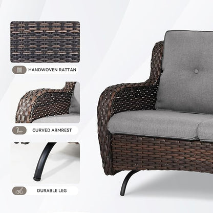Patio Loveseat Wicker Loveseat Rattan Glider Sofa with Curved Armrest Thicking Back & Seat Cushions for Garden Balcony Backyard Brown Wicker|Grey Cushions (A) Patio Loveseat Glider
