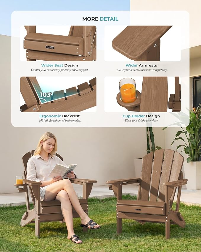 Ciokea Folding Adirondack Chair 2 Pack, Patio Adirondack Chair Weather Resistant, Plastic Fire Pit Chair with Cup Holder - Photo 7