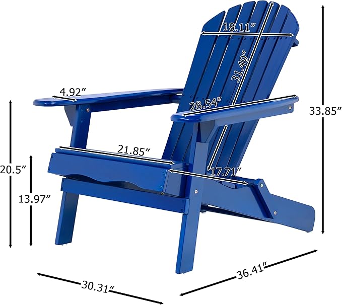 Folding Adirondack Chair, Outdoor Blue Adirondack Chairs with Wood Texture, Acacia Wood Fire Pit Chairs, All Weather, for Deck Backyard Patio Outdoor Garden