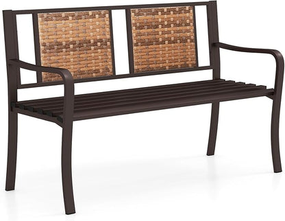 Tangkula 51” Metal Outdoor Park Bench, Patio Garden Bench with Rattan Backrest & Curved Armrests, Heavy-Duty Outside Loveseat for 2-3, Heavy-Duty Outdoor Seating for Backyard, Lawn, Porch