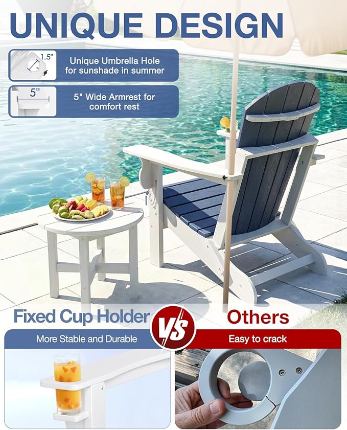 Folding Adirondack Chair –Recyclable HDPE Outdoor Adirondack Patio Chair with Cup Holder, Wood Texture & Umbrella Hole, 25-Year Fade-Free All Weather for Fire Pit, Porch, Poolside, Deck, Blue & White