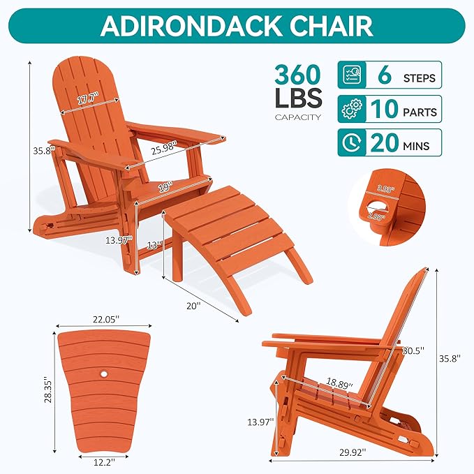 Vongrasig Adirondack Chairs Set of 2 with Removable Tabletop and Footrest, All-Weather HDPE Outdoor Chair Set with Wooden Textured, Cup Holder for Patio, Poolside, Deck, Garden, Orange