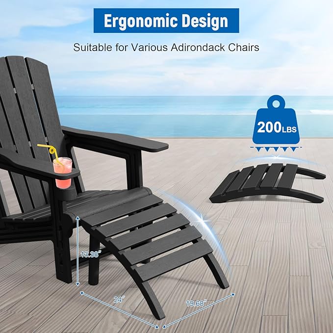 FONTOI Adirondack Ottoman, HDPE Plastic Adirondack Chair Footstool, All Weather Outdoor Footrest for Patio, Backyard, Lawn, Fire Pits, Black