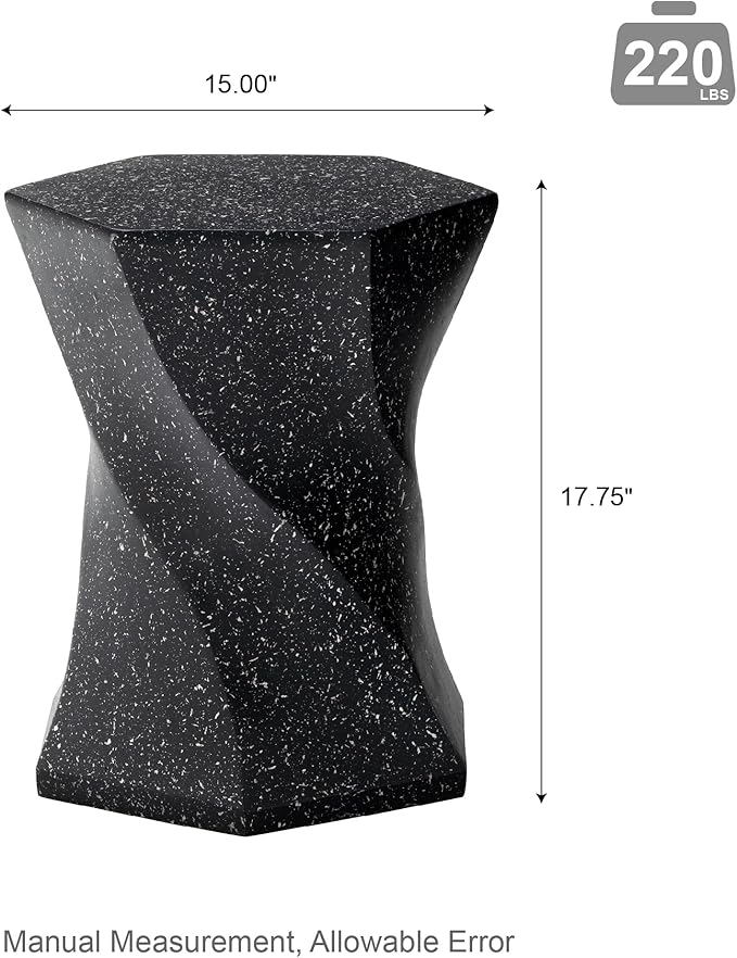 Glitzhome Outdoor Side Table, 17.75" H Decorative Garden Stool MGO Twist Faux Terrazzo End Table, Round Planter Stand for Indoor Outdoor Living Room Bedroom Patio Deck Poolside, Black