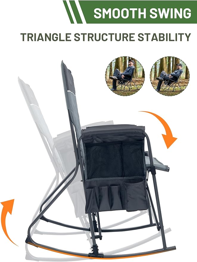 Timber Ridge Folding Oversized Rocking Camping Chair, 400lbs Capacity Portable Outdoor Rocker with Hard Armrests, Cup Holder & Side Pocket, Quick-Fold Design for Outdoor, Patio, Lawn, Grey