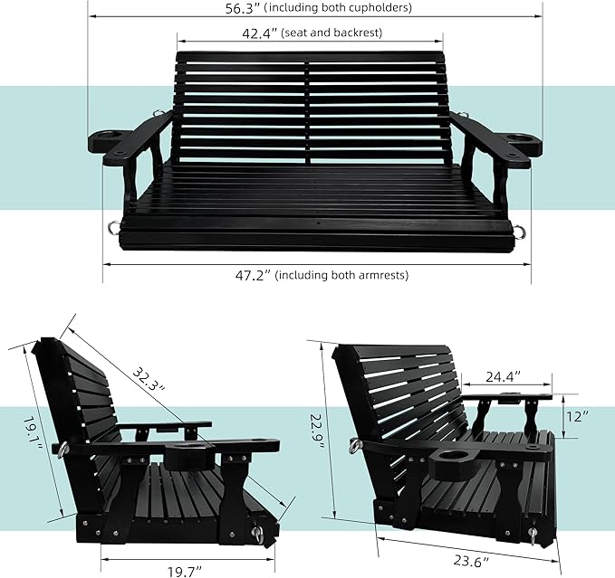 Wooden Porch Swing 2-Seater, High Backrest and Deep Seat, Bench Swing with Cupholders, Hanging Chains and 7mm Springs - Photo 6