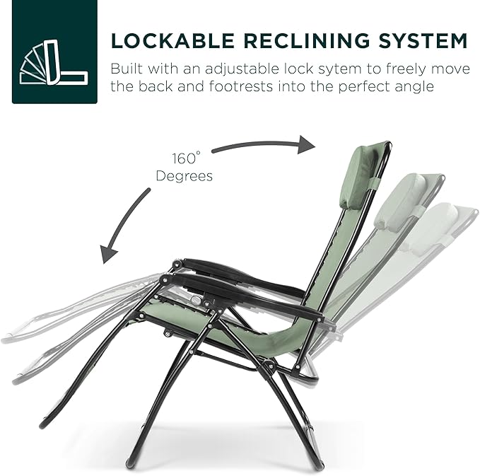 Best Choice Products Oversized Zero Gravity Chair, Folding Outdoor Patio Lounge Recliner w/Cup Holder Accessory Tray, Pillow - Sage Green