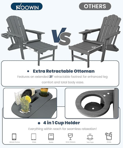 FOOWIN Folding Adjustable Adirondack Chair with Retractable Ottoman, HDPE Adirondack Chair w/4 in 1 Cup Holder Trays,All-Weather Resistant Fire Pit Chair for Outdoor Patio Lawn, Grey