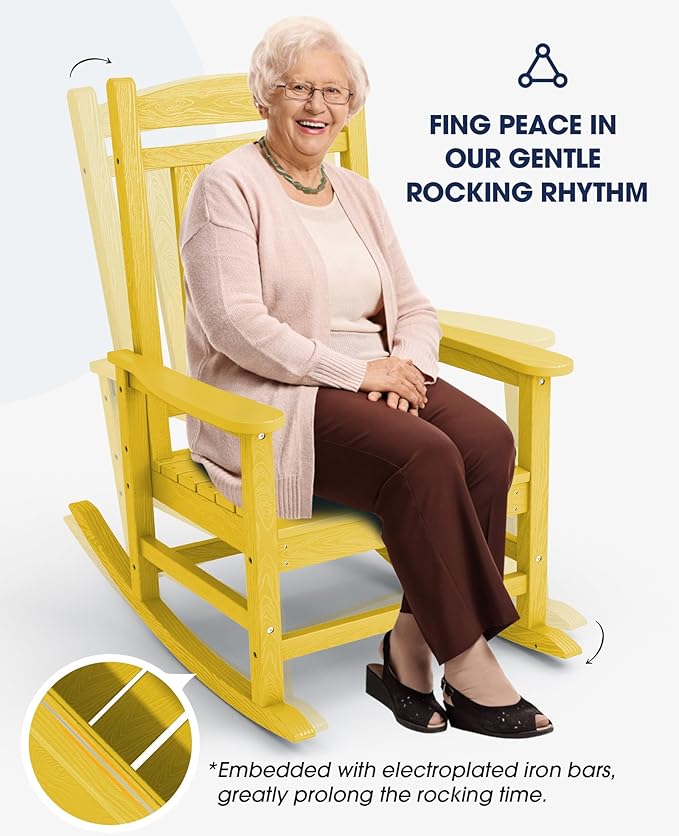 KINGYES Outdoor Rocking Chair Set of 2, HDPE Patio Rocking Chairs with 330lbs Support for Adults, Yellow