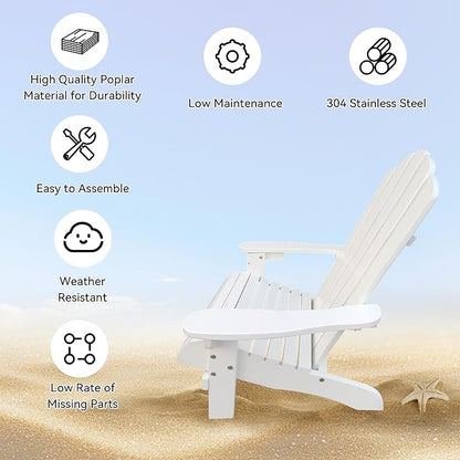 Wood Adirondack Chair, Ergonomic All-Weather Kids Adirondack Chair, Leisure Line Toddler Outdoor Chairs Adirondack Lounge Lawn Chair, Durable Patio Lounge Chair for Garden White